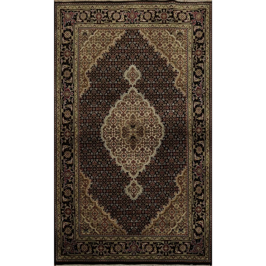 Hand Knotted Oriental 100% Wool Carpet Traditional Floral Black Tabriz-Mahi Area Rug - 5' 11'' X 4' 1''