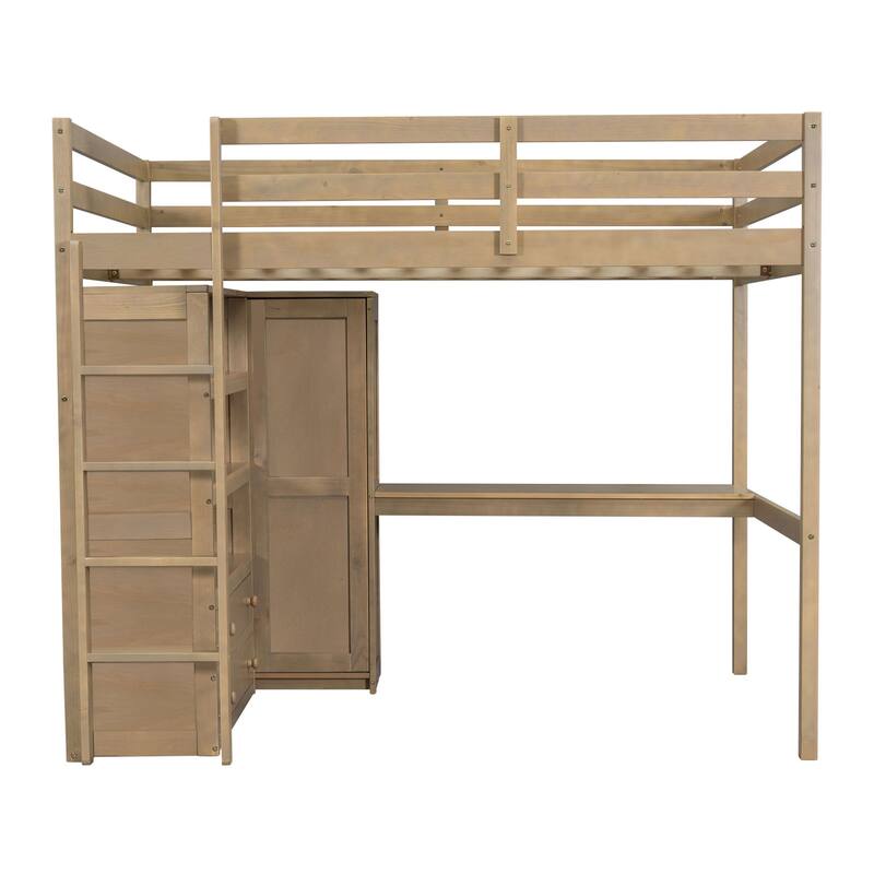 Full Size Pinewood Loft Bed with Built-in Study Desk and Wardrobe, Storage Shelves and 2 Drawers, Full-length Guardrails