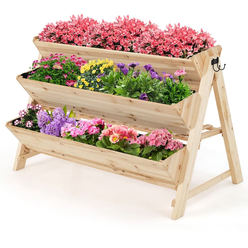 3 Tier Wooden Vertical Raised Garden Bed w/Storage Shelf & Side Hook - Natural - Wood