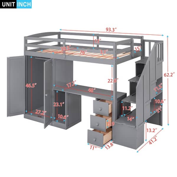dimension image slide 1 of 2, Twin Loft Bed with Wardrobe, Desk, Drawers, Cabinet, and Staircase, Grey