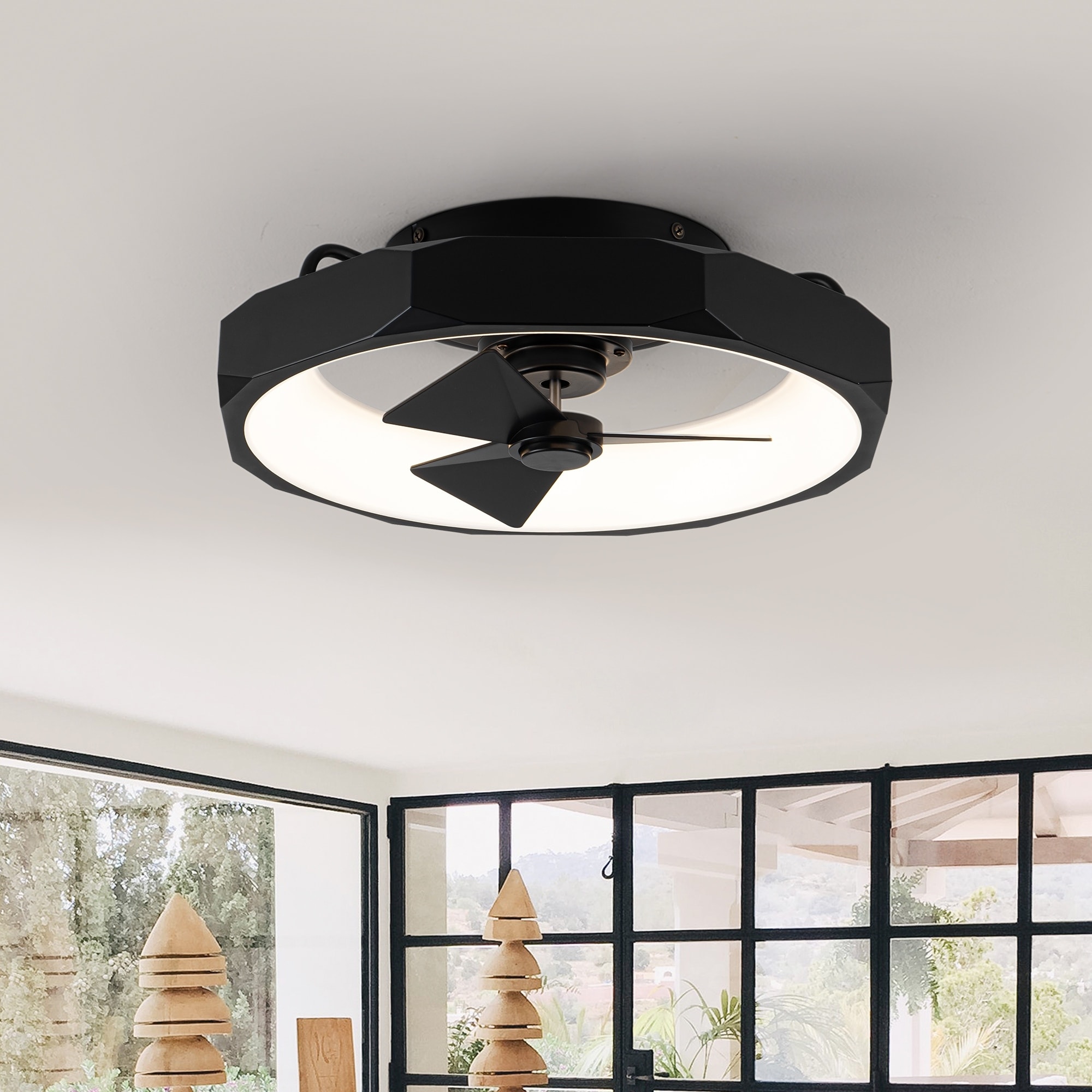 19" Modern Black Flush Mount Small Ceiling Fan with LED Light and Remote