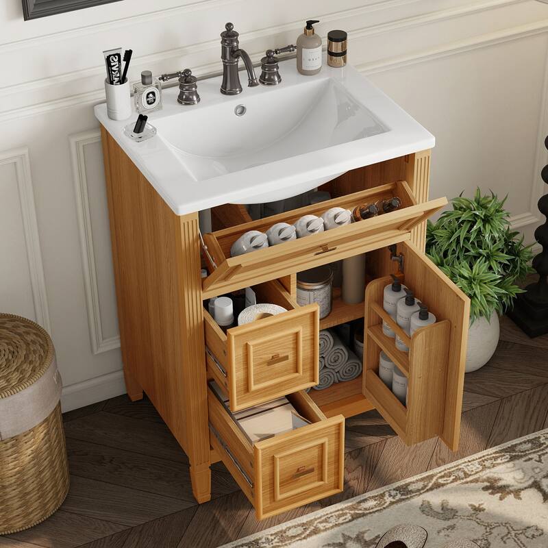 Roomfitters 24" Bathroom Vanity with Sink, Solid Wood Frame, Flip Drawer, 2 Side Drawers & Adjustable Shelf