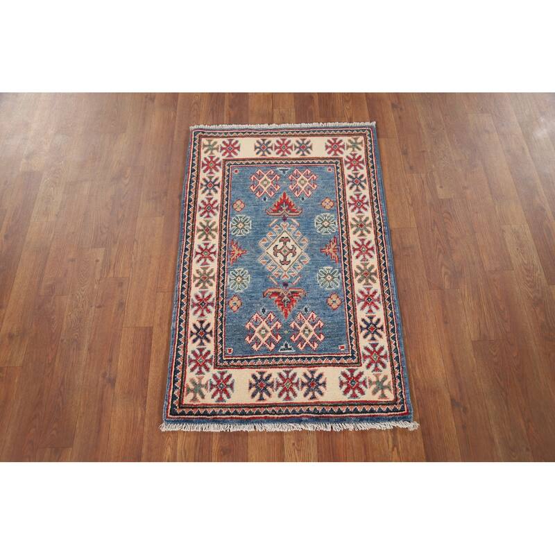 Blue Geometric Kazak Accent Rug Handmade Wool Carpet - 2'0" x 3'1"