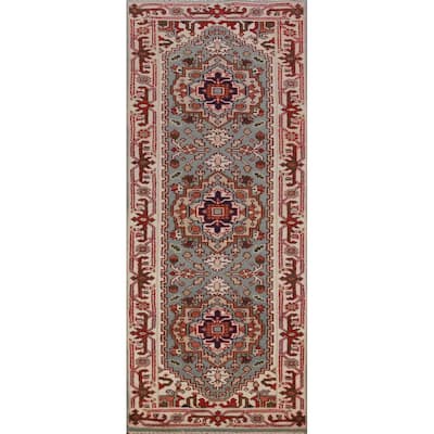 Hand Knotted Oriental 100% Wool Carpet Traditional Geometric Navy Blue & Blues Heriz (serapi) Runner Rug - 8' 2'' X 2' 6''