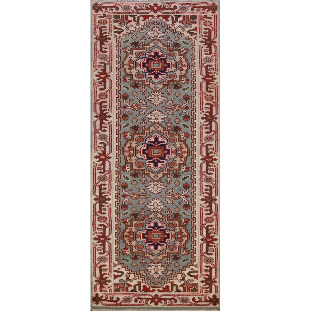 Hand Knotted Oriental 100% Wool Carpet Traditional Geometric Navy Blue & Blues Heriz (serapi) Runner Rug - 8' 2'' X 2' 6''
