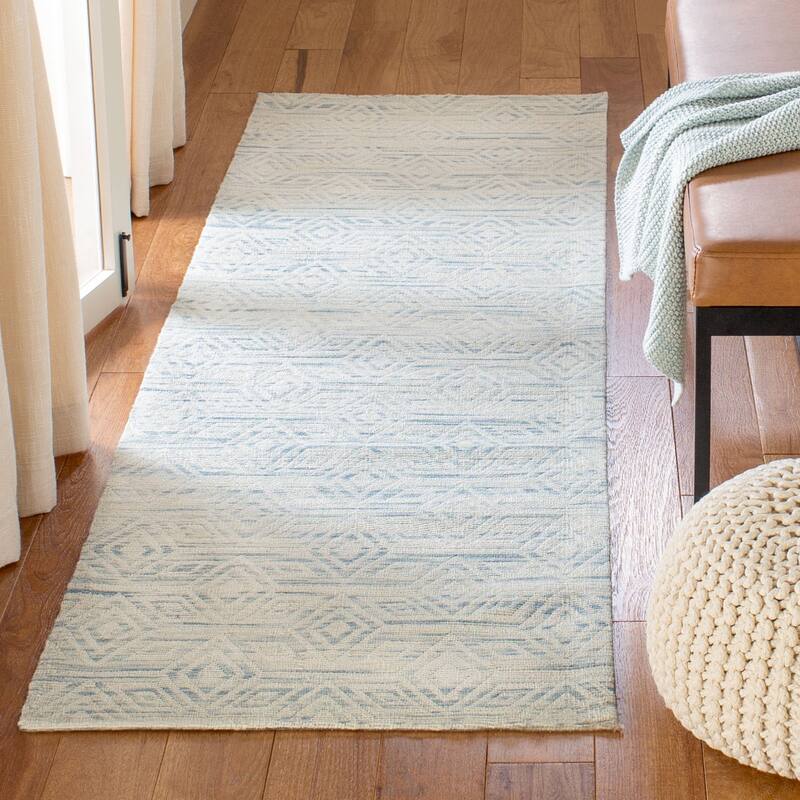 SAFAVIEH Handmade Marbella Sumayya Modern Wool Rug - 2'3" x 8' Runner - Light Blue/Ivory