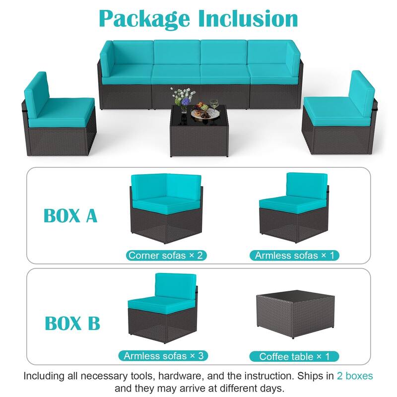 7PC Outdoor Patio Furniture Set, Wicker Patio Sectional Furniture Set with Coffee Table & Cushion for Garden, Backyard, Poolside