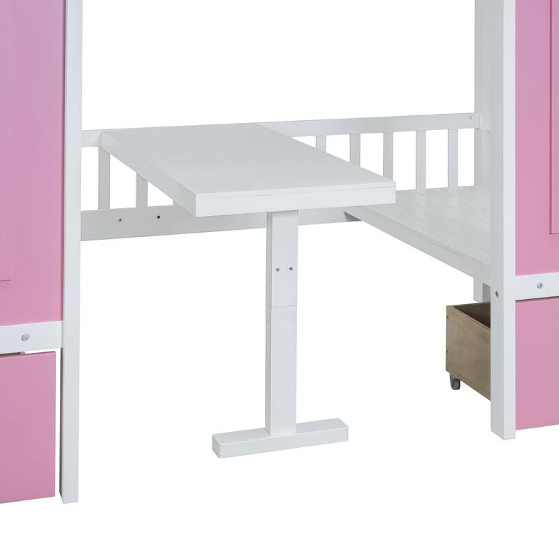 Full Size Wooden Loft Bunk Bed with Table, Seats, and Storage Shelves
