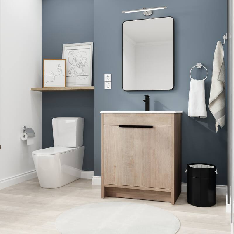 Freestanding Bathroom Vanity with Ceramic Sink, Adjustable Shelf, Soft Closing Doors & Metal Handles - 30in L Plywood