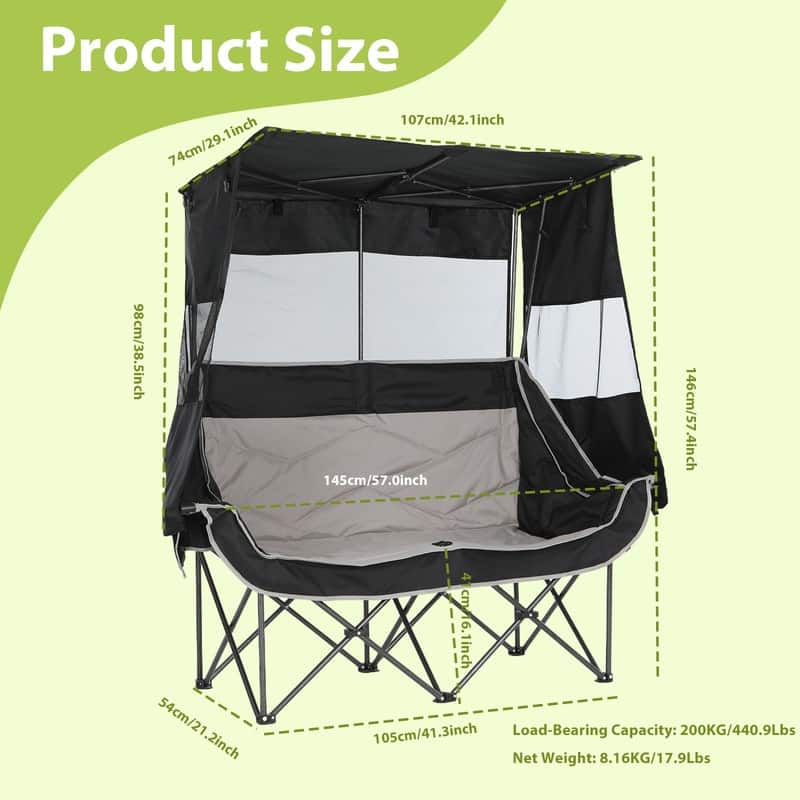 Double Folding Camping Loveseat with Canopy, Cooler, Cup Holders & Storage for Outdoor Activities