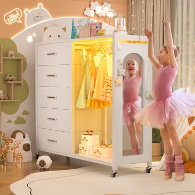 Kid's Closet Organizer with Fabric Drawers and Mirror, Rolling Dresser and Chest with Charge Station