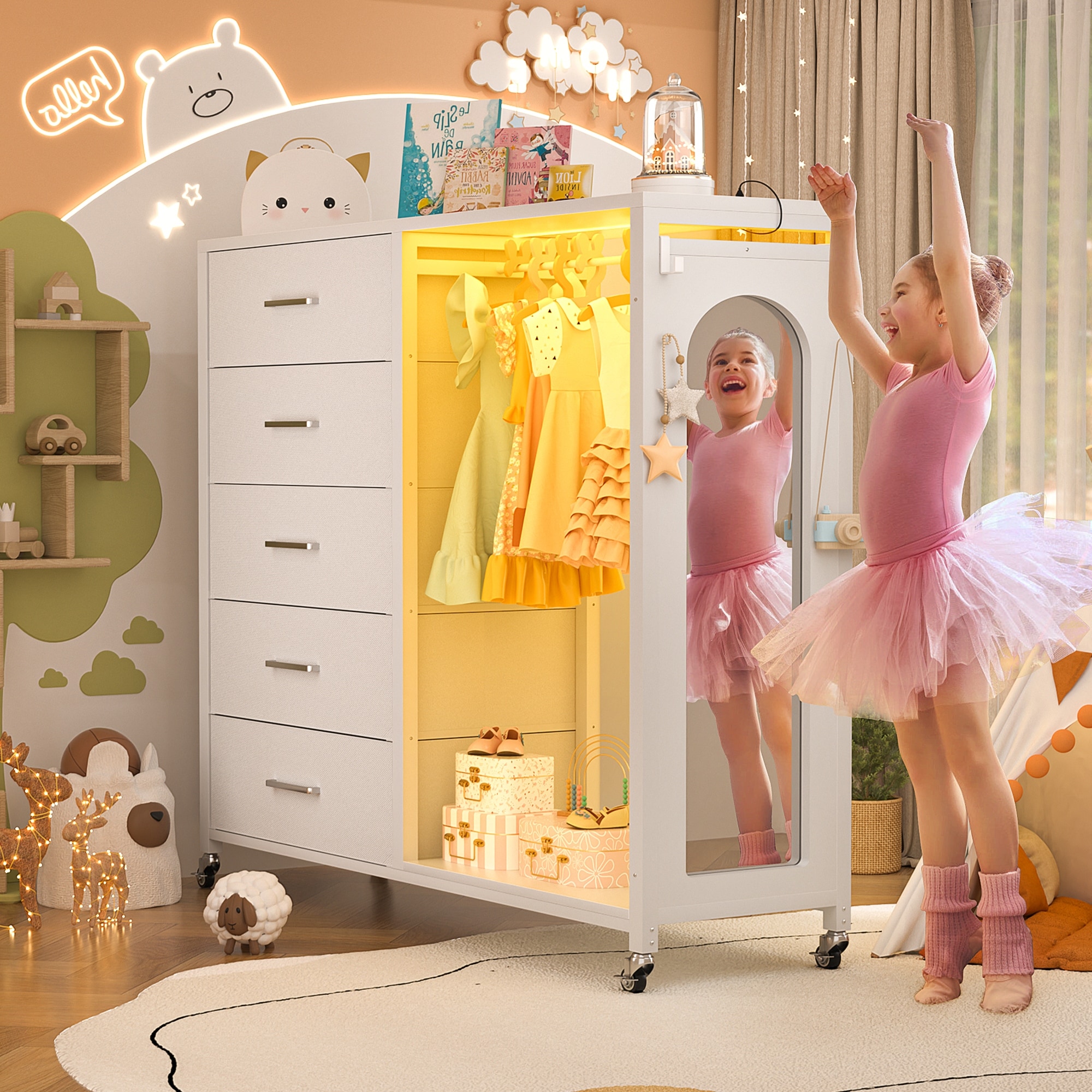 Kid's Closet Organizer with Fabric Drawers and Mirror, Rolling Dresser and Chest with Charge Station
