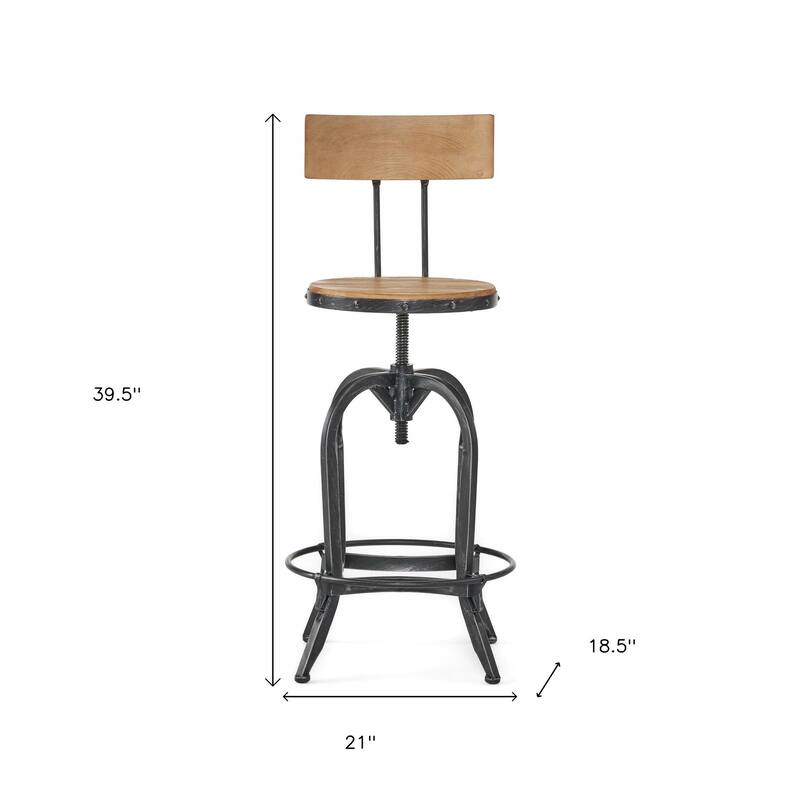 HomeRoots Natural and Black Wood and Metal Low Back Adjustable Height Swivel Bar Chair