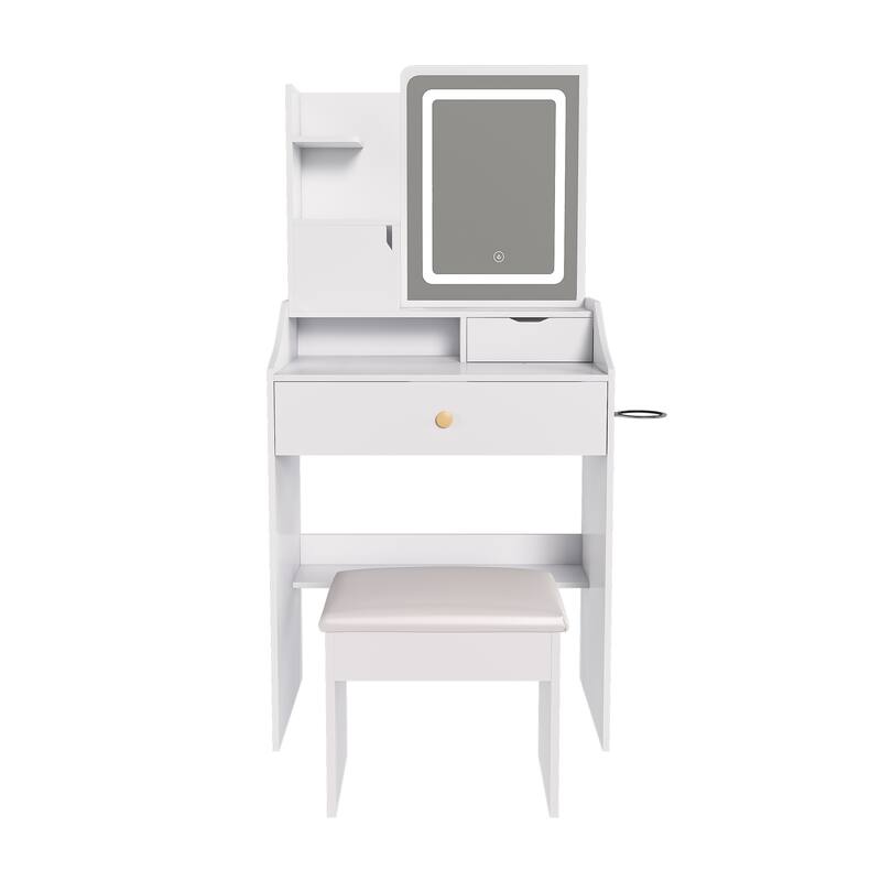 3-Color LED Vanity Mirror with Stool, Pink Dressing Table for Bedroom, 2 Drawers & 5 Storage Cabinets (4 Open + 1 Hidden)