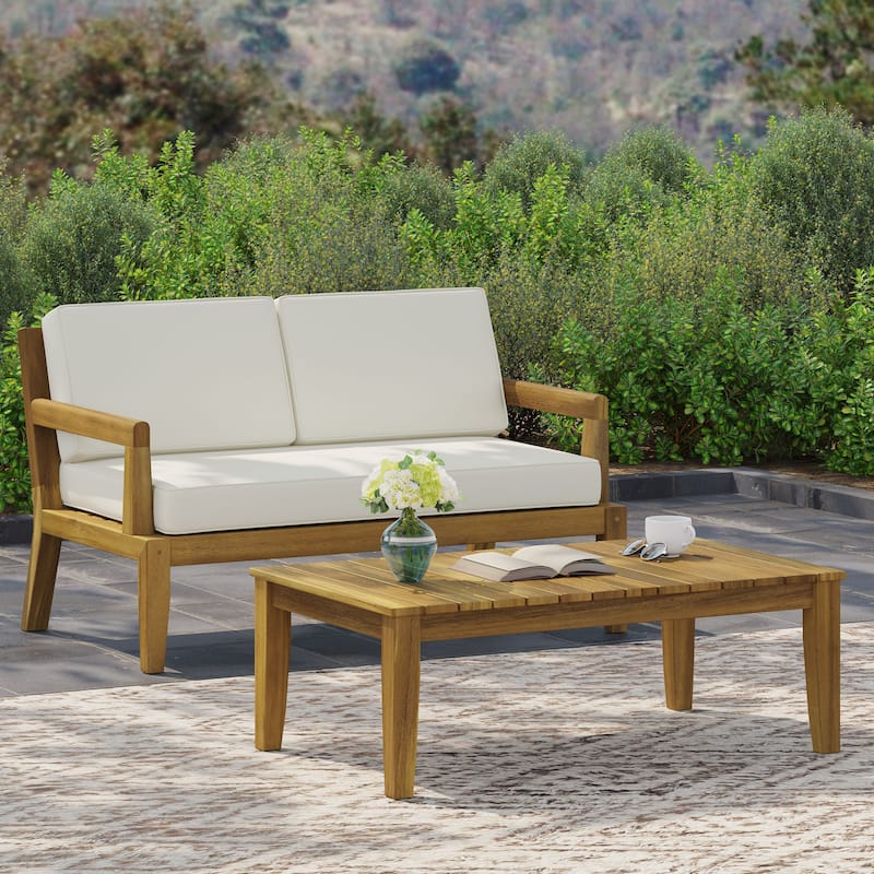 Rossville Outdoor Acacia Wood Loveseat and Coffee Table Set by Christopher Knight Home - Teak+ Beige