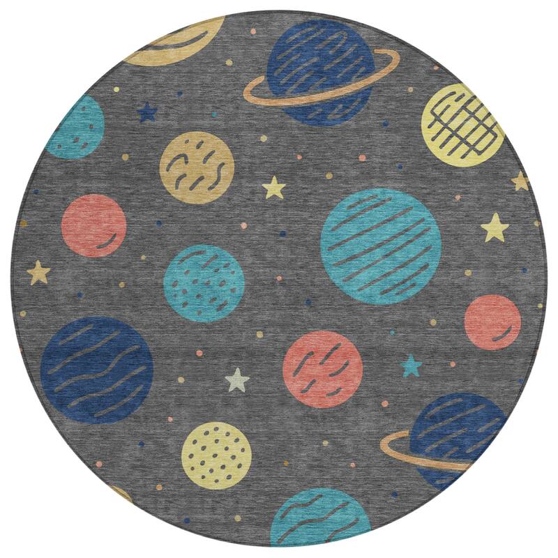 Machine Washable Indoor/ Outdoor Modern Planets Chantille Rug