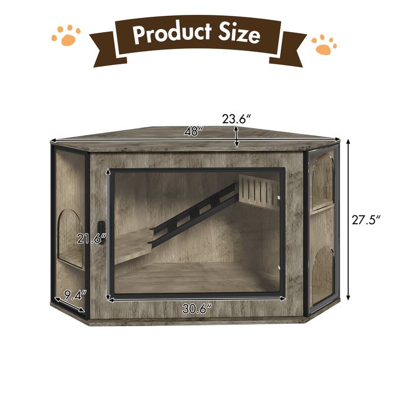 48" Corner Cat Litter Box Enclosure, Modern Hidden Litter Box Corner Cabinet with Acrylic Door and LED Light