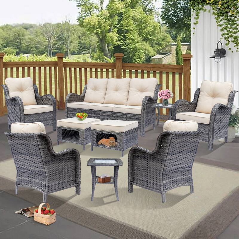 Outdoor Patio Furniture Sets Gray Wicker High Back Sofa Seating Set - 9-Piece - Beige Cushion-Gray Wicker
