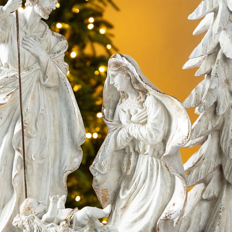 Glitzhome S/5 24.5"H/14"H White/Gold Resin Holy Family Nativity with Christmas Trees