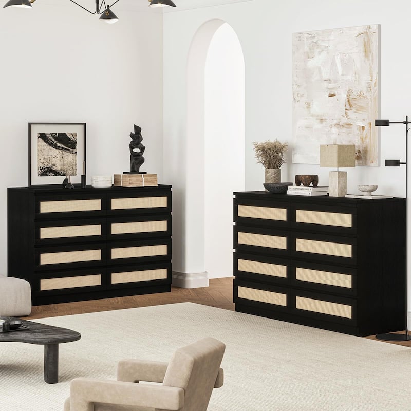 Rattan Dresser for Bedroom, Closet, Wooden Dresser with 8 Drawers, Modern Chest of Drawers with Large Storage