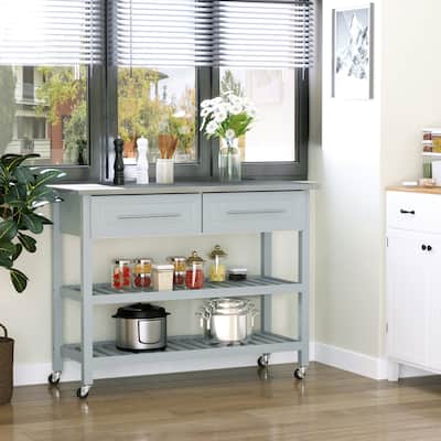 Kitchen Island with 3 Tiers, Kitchen Cabinet with Stainless Steel Top, Rolling Kitchen Cart with Drawers & Shelves