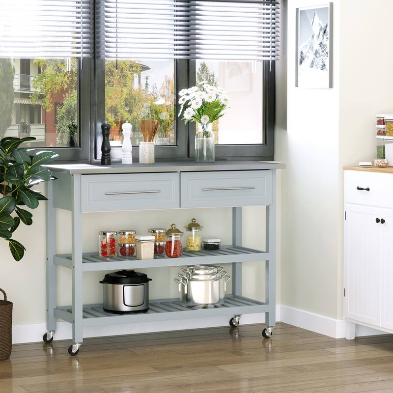 Kitchen Island with Stainless Steel Top, Traditional Kitchen Island with Storage, 2-Tier Open Shelves, Drawers, Light Gray