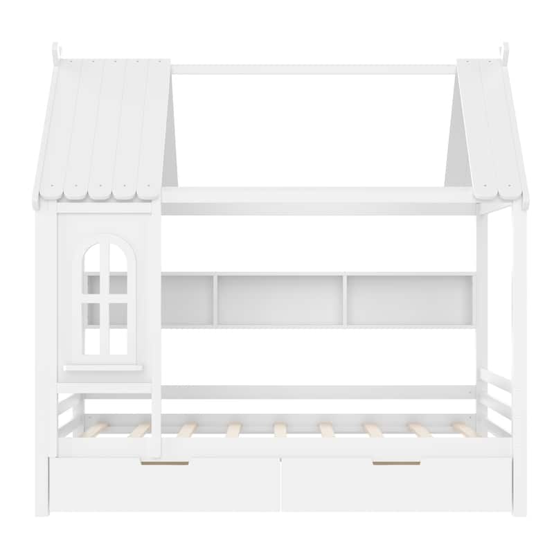 Charming House Bed for Girls, Boys Low Platform Bed Frame with Under-bed Drawers, Storage Shelves, Window and Roof