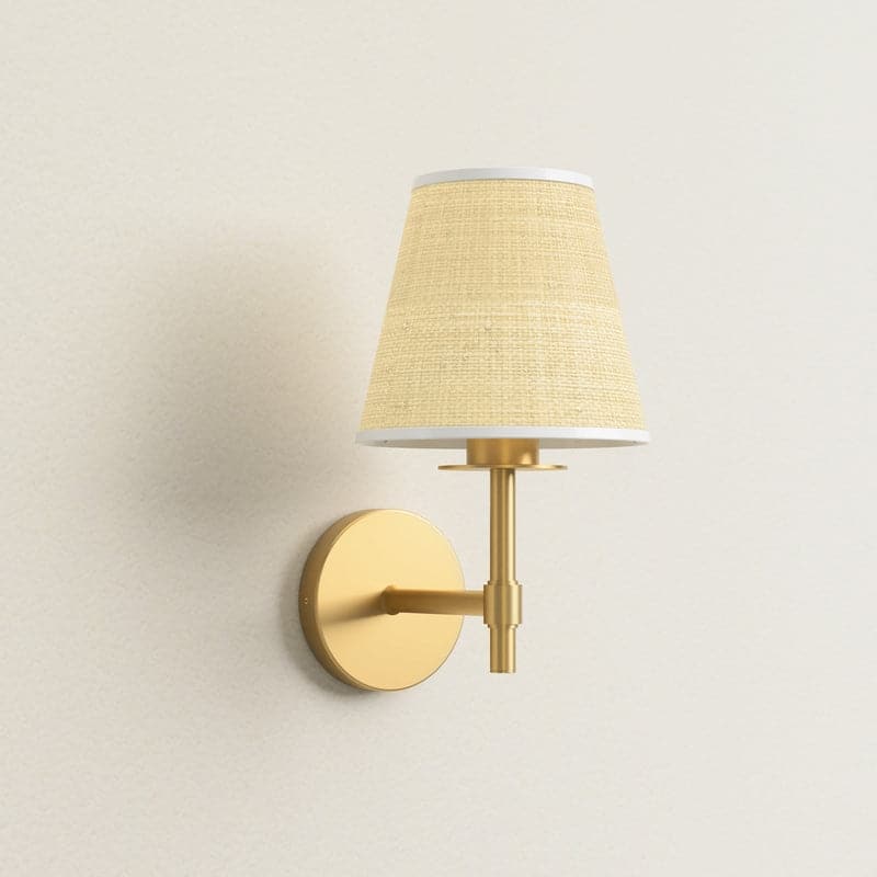 Rowabi Elan Cone Arm Sconce - Metal, Raffia & Natural Beige, Gold Wall Sconce for Bedroom, Hallway in Modern, Mid-Century Style