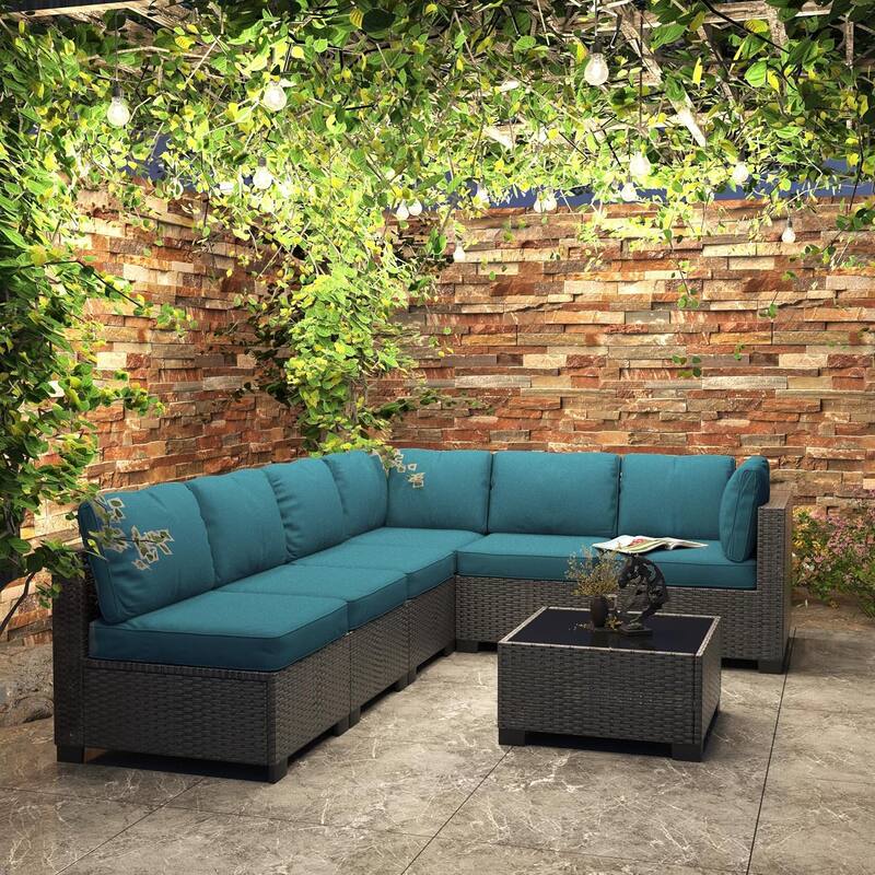 7-Piece Patio Conversation Sofa Set with Cushions and Glass Top Coffee Table