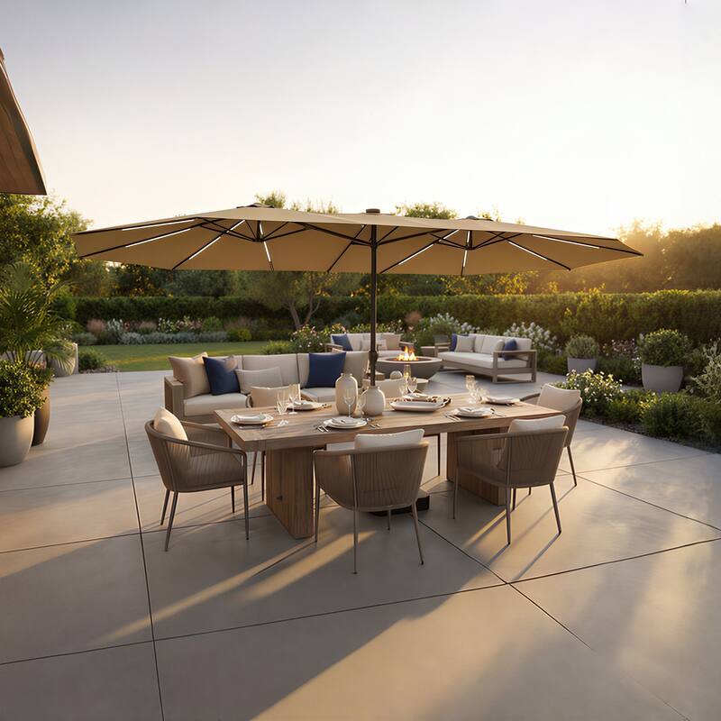 15FT Solar LED Double-Sided Patio Umbrella with Base, 12 Light Strips, 2000mAh