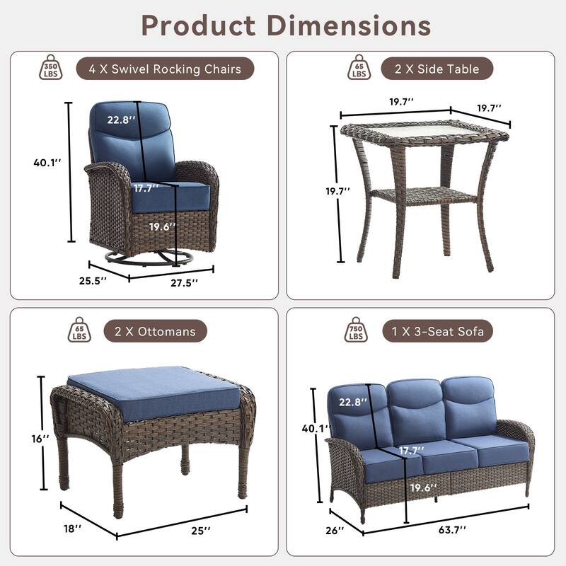 Pocassy Outdoor Wicker Patio Sofa with Swivel Chair Ottoman Sets