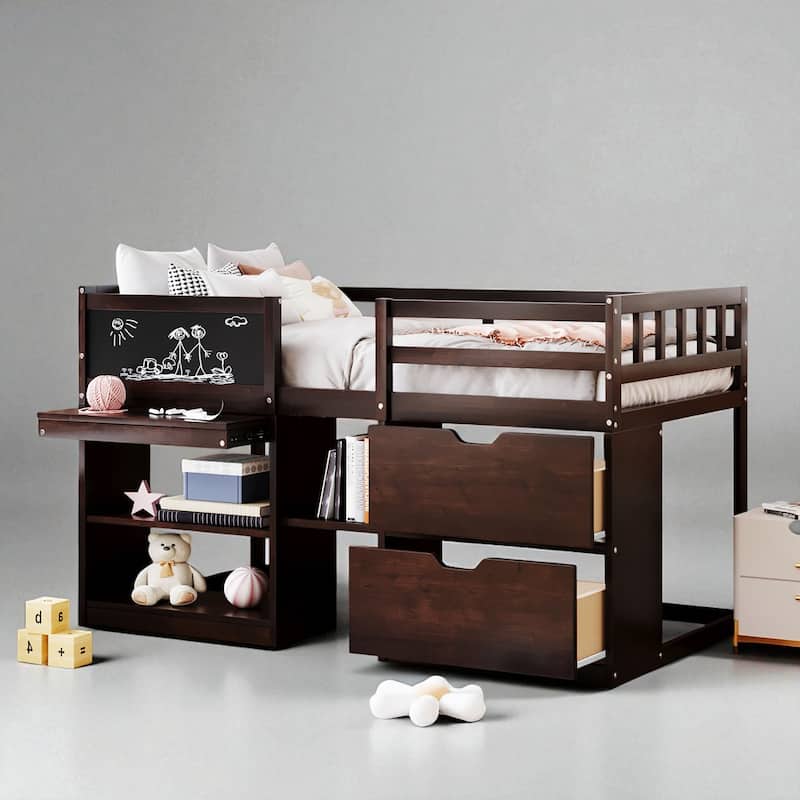 Twin Size Low Loft Bed with Rolling Desk, Storage Drawers and Bookshelf, Pine Wood Frame - Espresso - Twin
