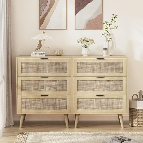 Set of 2 Rattan 3 Drawer Dresser, 6 Drawer Dresser, Wide Dresser Boho Rattan Cabinet with Solid Wood Legs & Metal Handles - Bed Bath & Beyond - 38190341 Set of 2 Rattan 3 Drawer Dresser, 6 Drawer Dresser, Wide Dresser Boho Rattan Cabinet with Solid Wood Legs & Metal Handles - Bed Bath & Beyond - 38190341