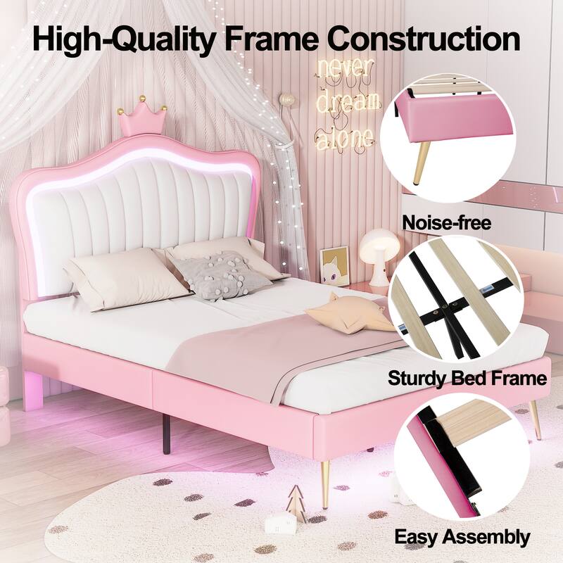 Modern Upholstered Bed Frame with LED Lights and Crown Headboard, Twin/Full/Queen
