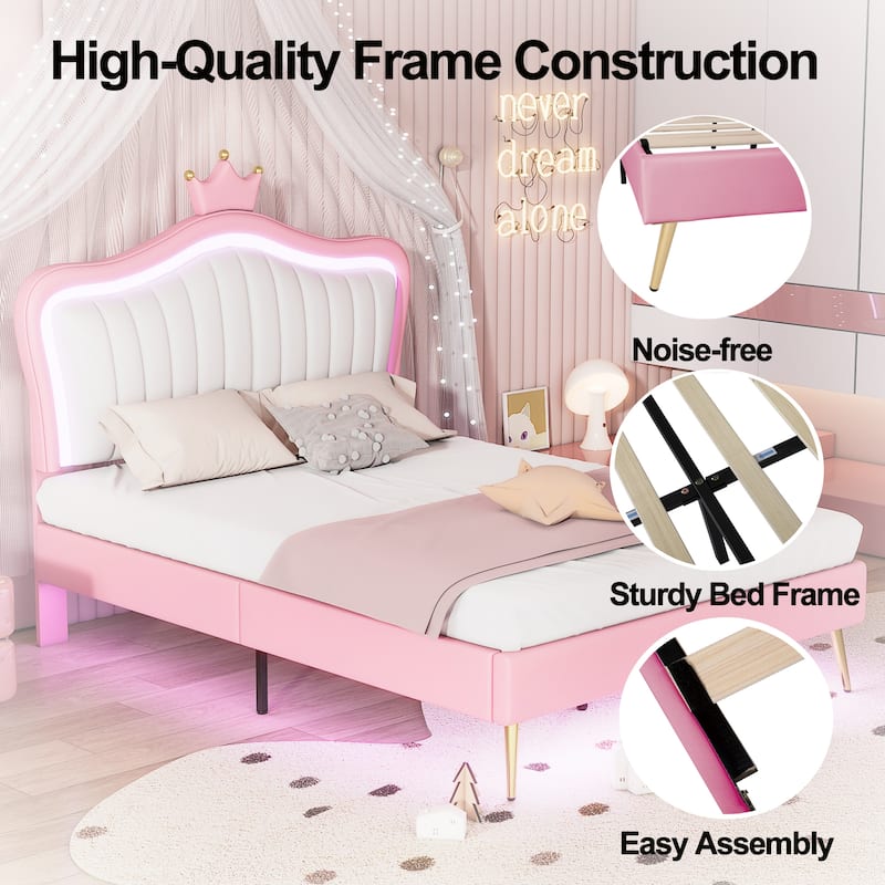 Pink Full Bed with LED & Crown Headboard
