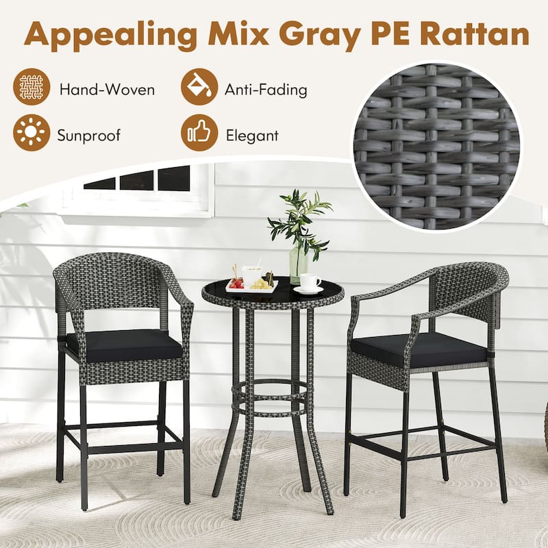 Gymax 3-Piece Patio Bar Set Outdoor Wicker Bar Height Round Table &