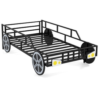 Black Metal Twin Car Bed Frame with Guardrails and Underbed Storage Space