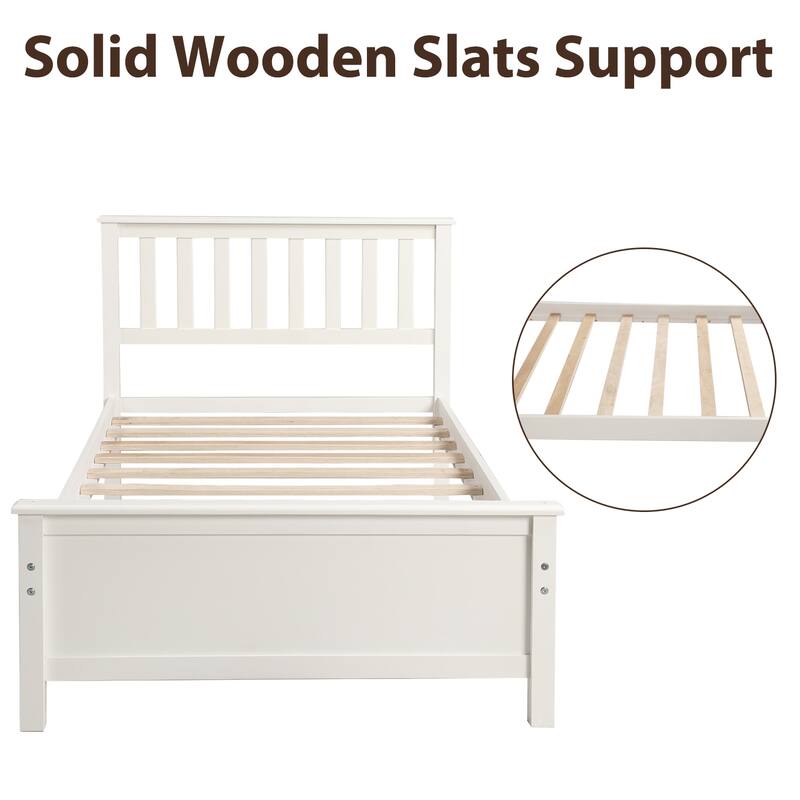White Twin Size Wood Platform Bed with Headboard and Footboard, Solid Pine Wood Construction, Walnut Finish