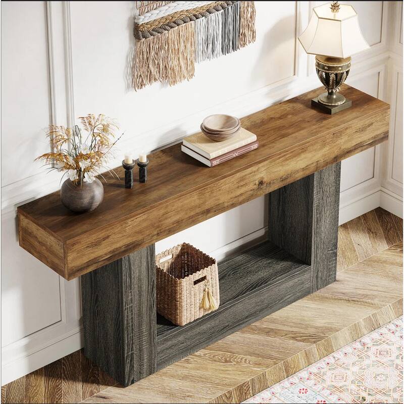 63" Farmhouse 2-Tier Rustic Console Table with Storage Shelf & U-Shaped Gray Base