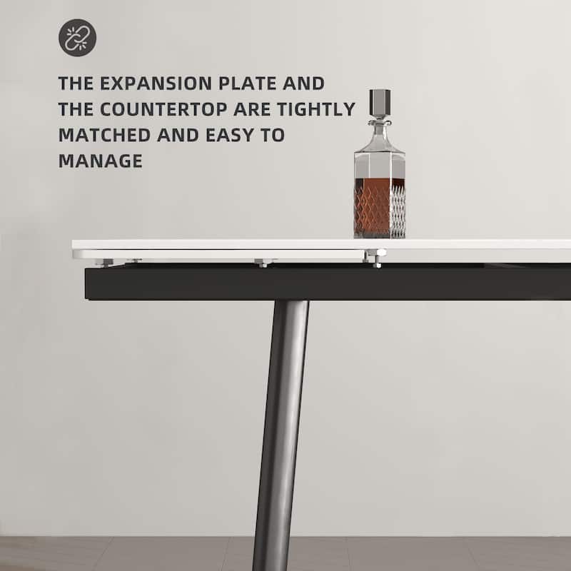 62.9'' to 94.4'' expandable Slate rectangular Glossy White kitchen Stone Top dining table stainless steel legs.