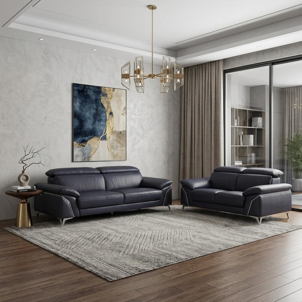 HomeRoots Two Piece Indoor Blue Italian Leather Five Person Seating Set