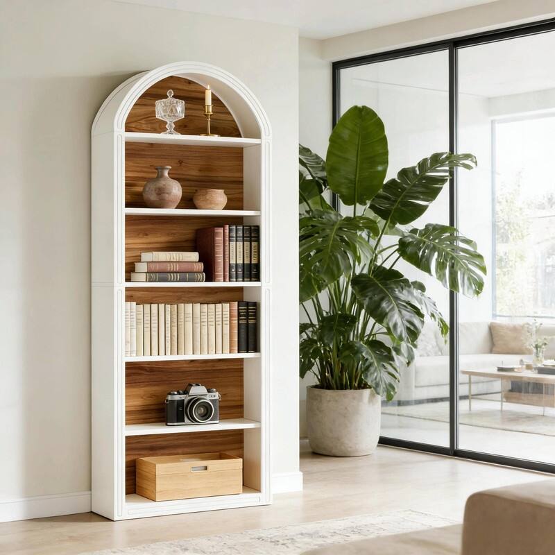 6-Tier Arched Bookshelf with Two-Tone Finish, Sturdy MDF Bookcase with Closed Back & Anti-Tip Kit