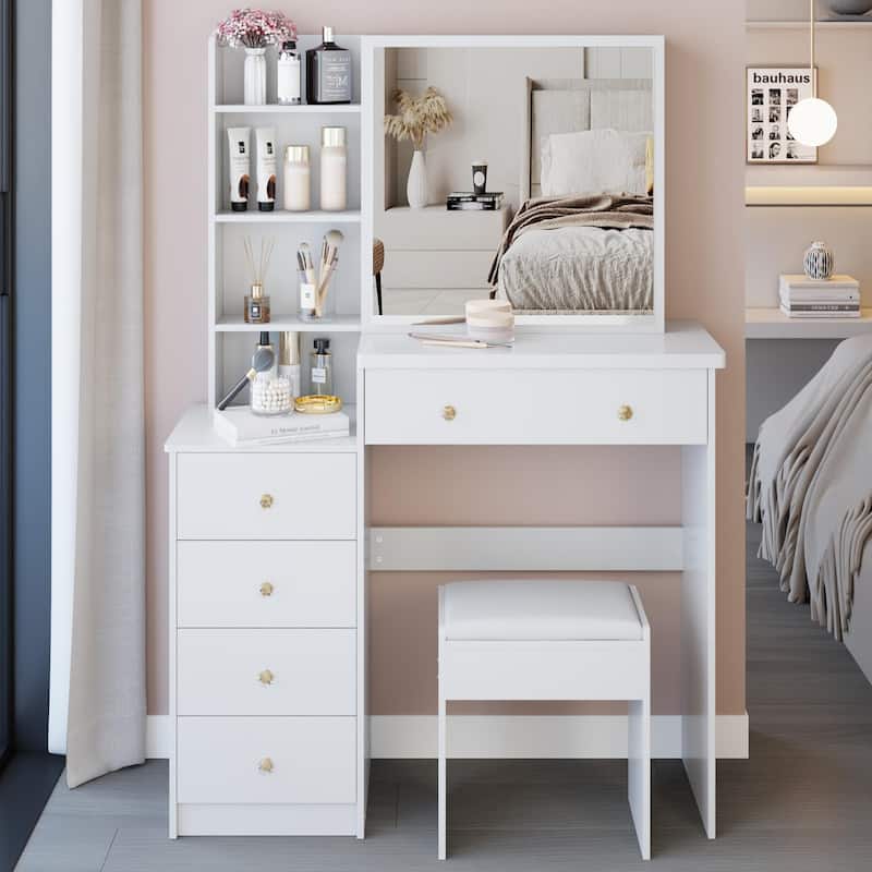 37" Middle Size Left Bedside Cabinet Vanity Table +Cushioned Stool,Extra Large Sliding Mirror,Multi Layer High Capacity Storage