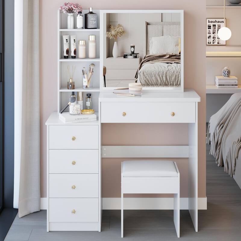 37" Middle Size Left Drawer Desktop Vanity Table + Cushioned Stool,Large Right sliding mirror, Multi Layer High Capacity Storage