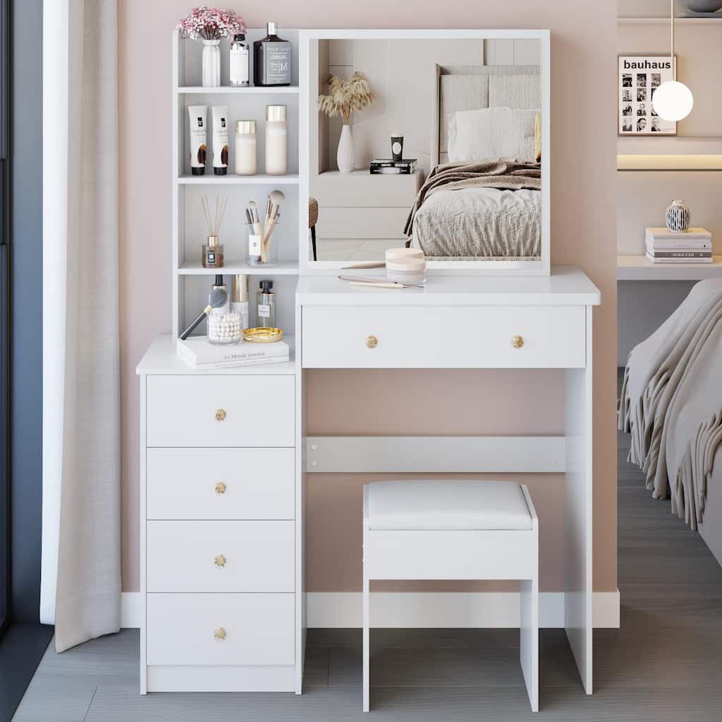 37"L Middle Size Vanity Table with Stool and Sliding Mirror