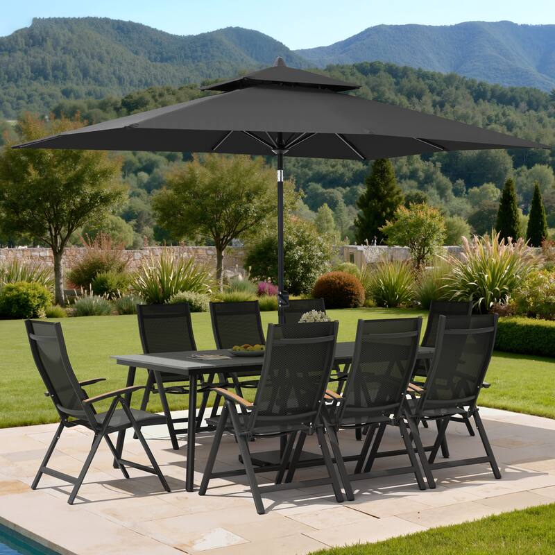 11PC Outdoor Patio Dining Set WoodLike Aluminum Umbrella Hole Table with Folding Chair,Double Top Market Umbrella and Wheel Base - GreyTable&BlackChairs&BlackUmbrella