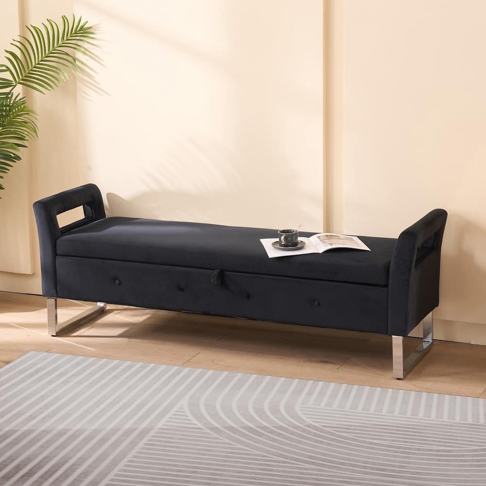 67.91" End of Bed Storage Bench, Velvet Upholstered Window Entryway Shoe Ottoman Bench with Armrest for Bedroom
