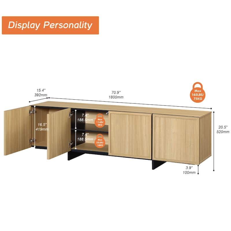 WMAPAT Modern Entertainment Center With T-Shaped Wooden Legs, 4-Door Storage TV Stand, Media Cabinet For Living Room