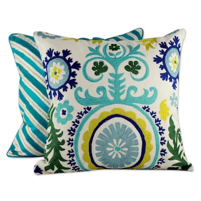 NOVICA Aqua Fusion Embroidered cushion covers