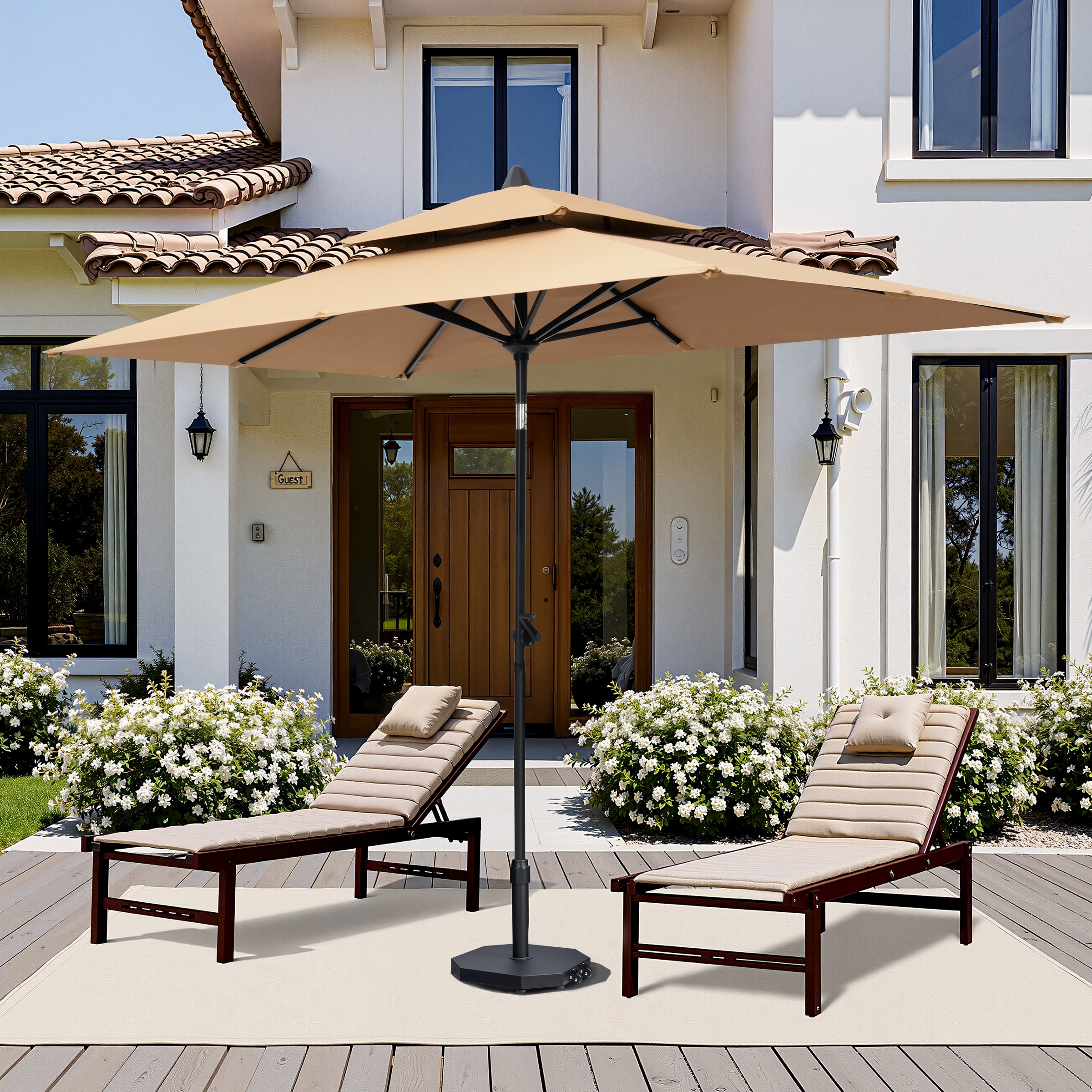 9 x 5 FT Outdoor Patio Double Top Market Umbrella and Base Stand with Wheels